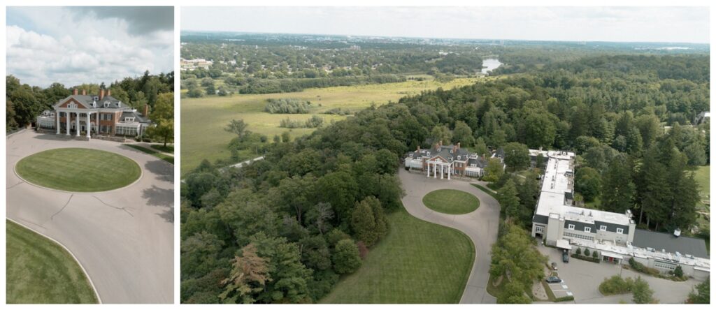 Aerial views of the Langdon Hall estate and grounds in Cambridge, Ontario