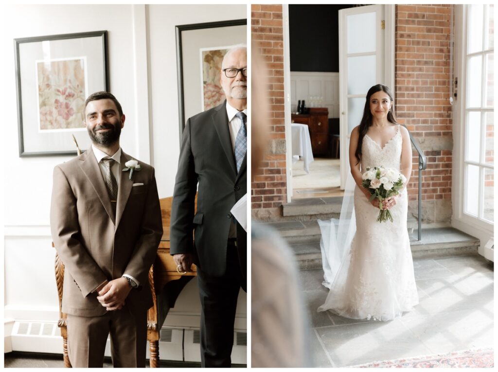 Groom waiting as the bride enters for an intimate ceremony at Langdon Hall