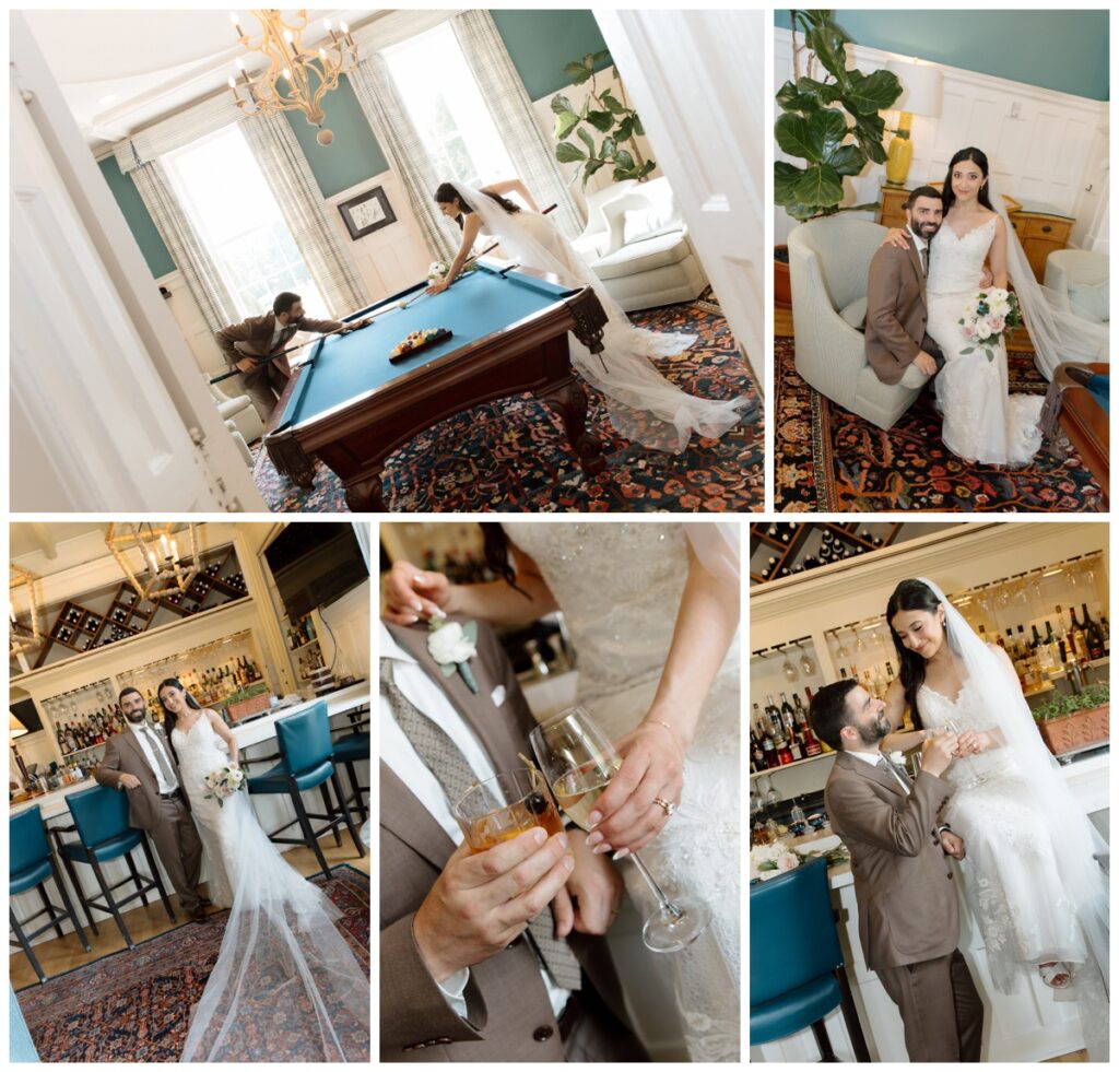 Bride and groom in the elegant historic rooms of Langdon Hall