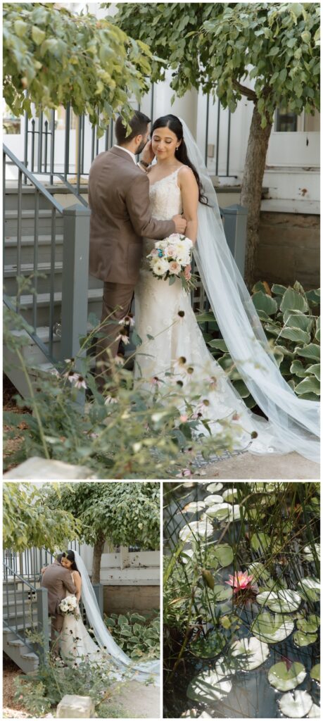 Bride among the flowers and greenery in the Langdon Hall gardens