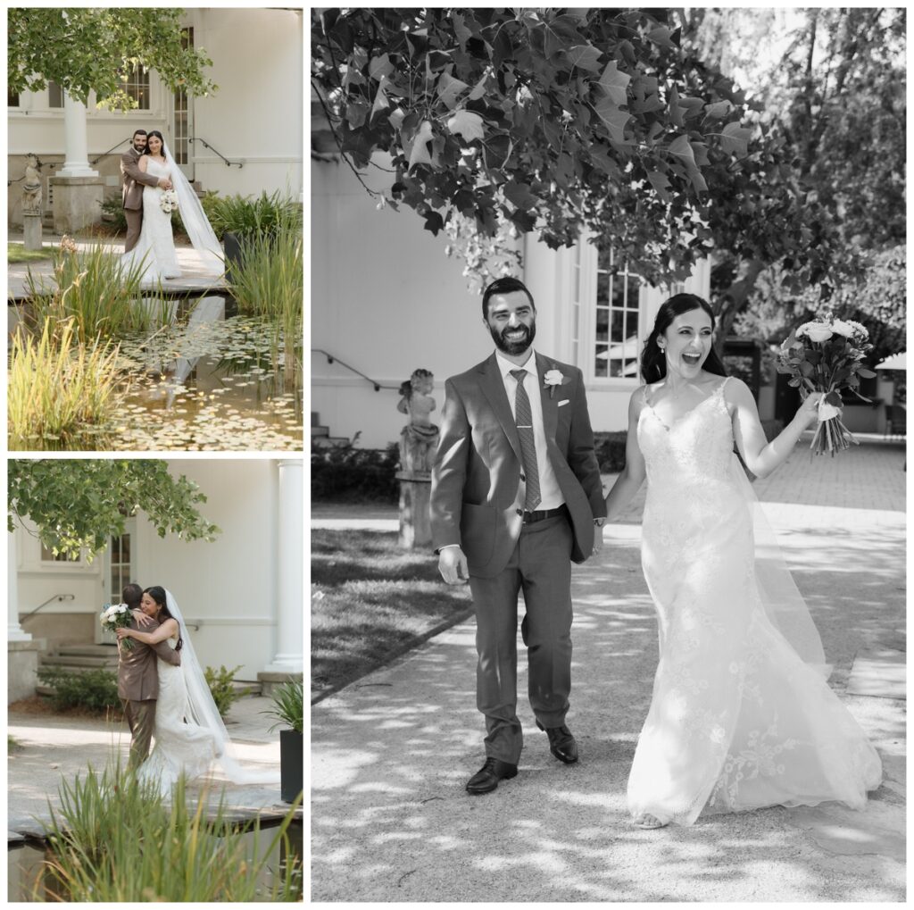 Bride and groom walking hand in hand along a garden path