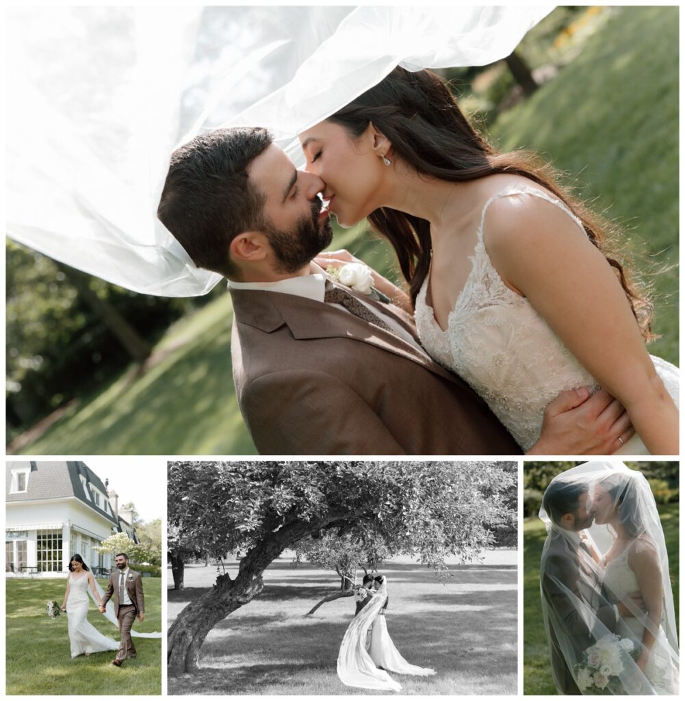 Couple sharing a kiss beneath the bride's veil in the garden