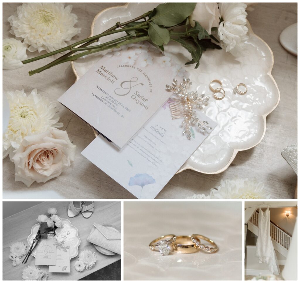 Wedding invitation suite, rings and white roses styled for a Langdon Hall wedding