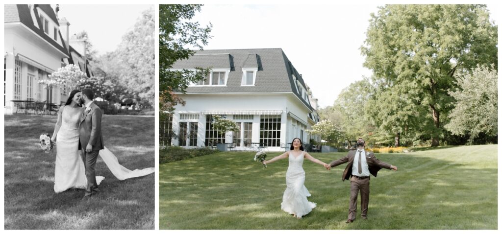 Bride and groom on the lawn in front of a historic house at Langdon Hall
