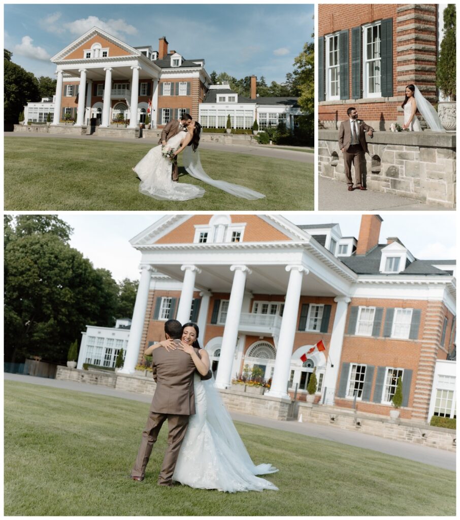 Couple on the lawn in front of the white-columned main house at Langdon Hall