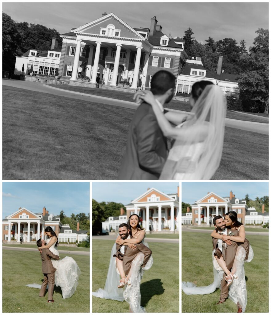 Groom lifting the bride in front of the Langdon Hall main house