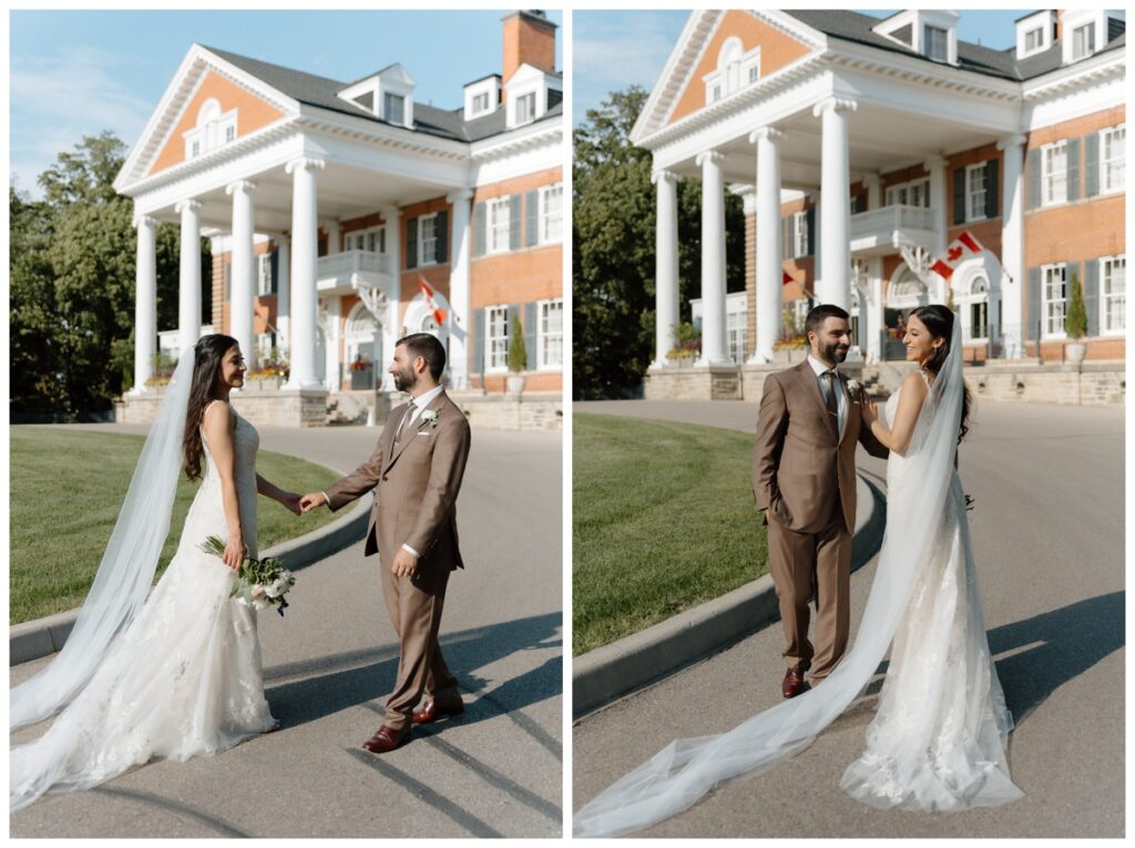 Bride and groom by the columned portico at Langdon Hall at golden hour