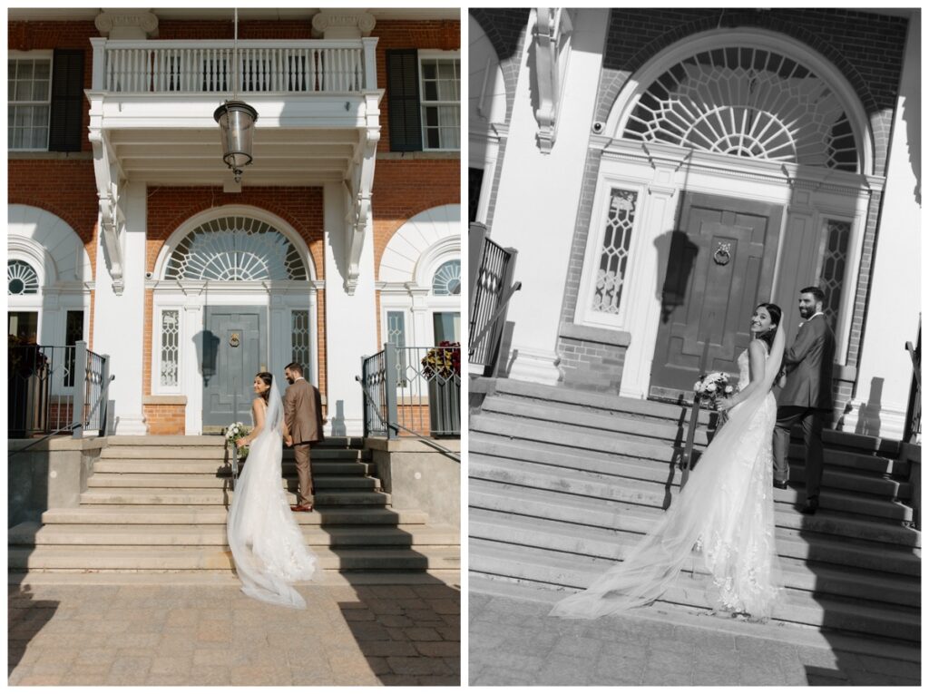 Bride on the grand front steps of Langdon Hall