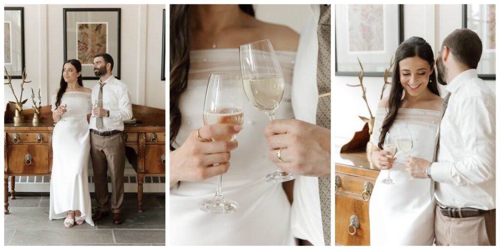 Couple toasting with champagne at their intimate dinner