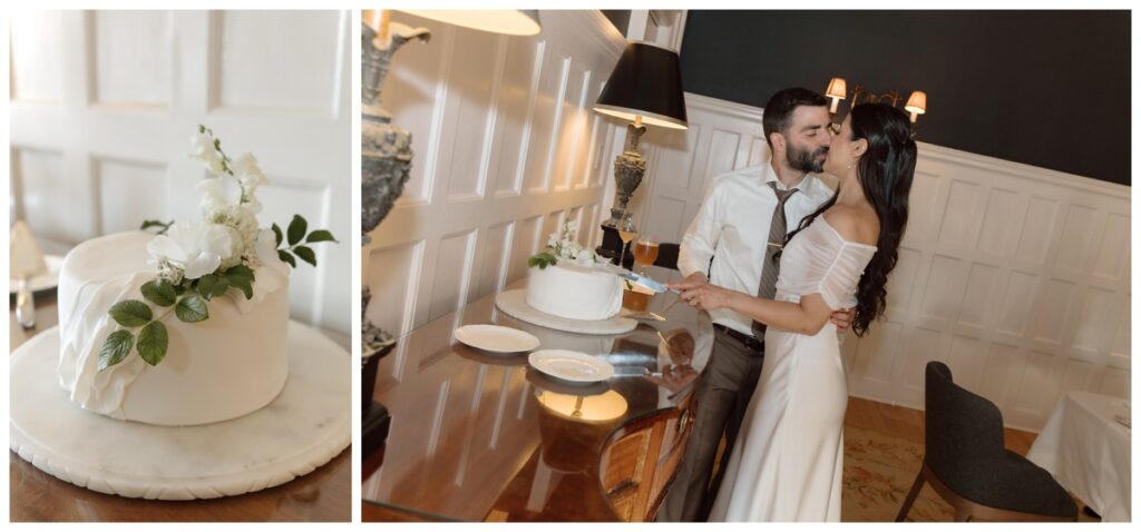 Wedding cake with greenery and the couple cutting the cake