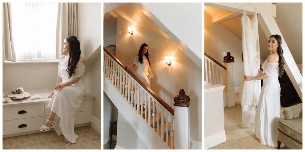 Bride getting ready by the window and on the staircase at Langdon Hall