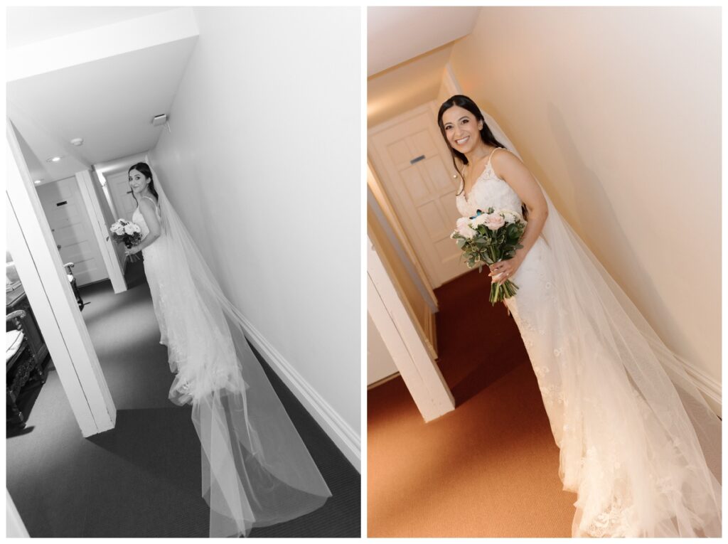 Bride holding her bouquet in a historic stairwell at Langdon Hall