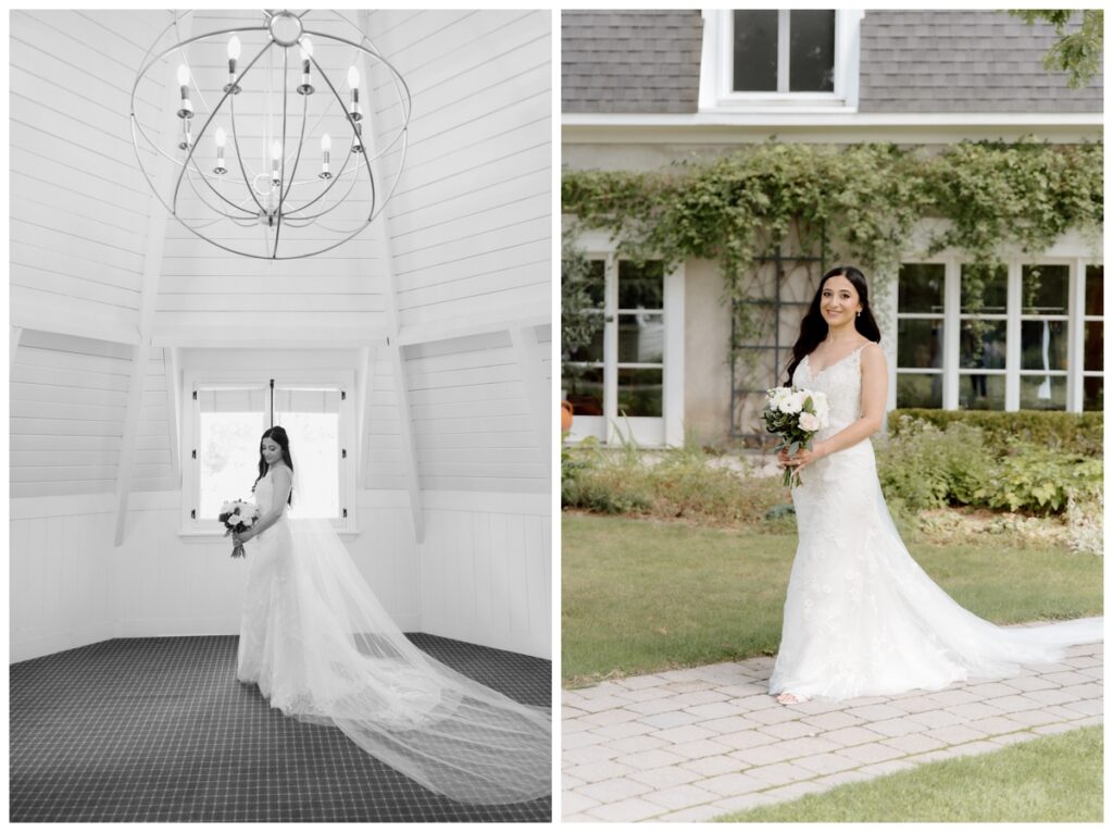 Bride beneath a chandelier and in front of the ivy-covered house at Langdon Hall