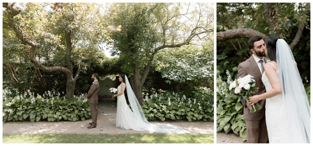 Bride and groom together in the gardens at Langdon Hall