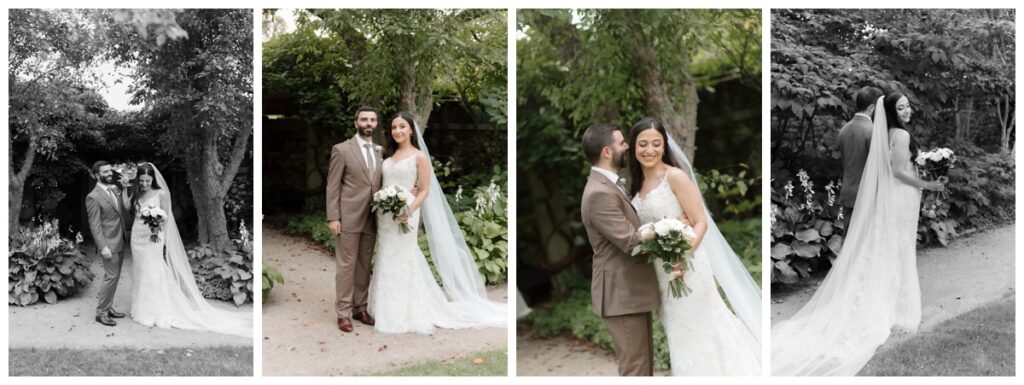 Black and white portraits of the bride and groom in the gardens