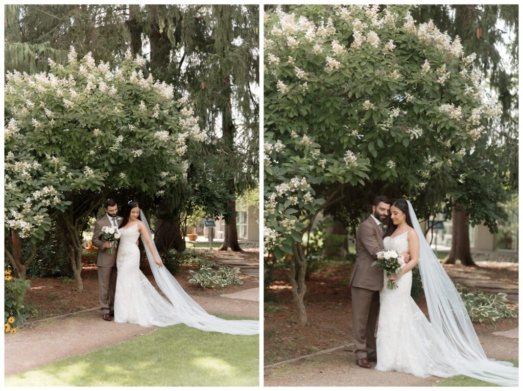 Bride and groom under tall trees on the lawn at Langdon Hall